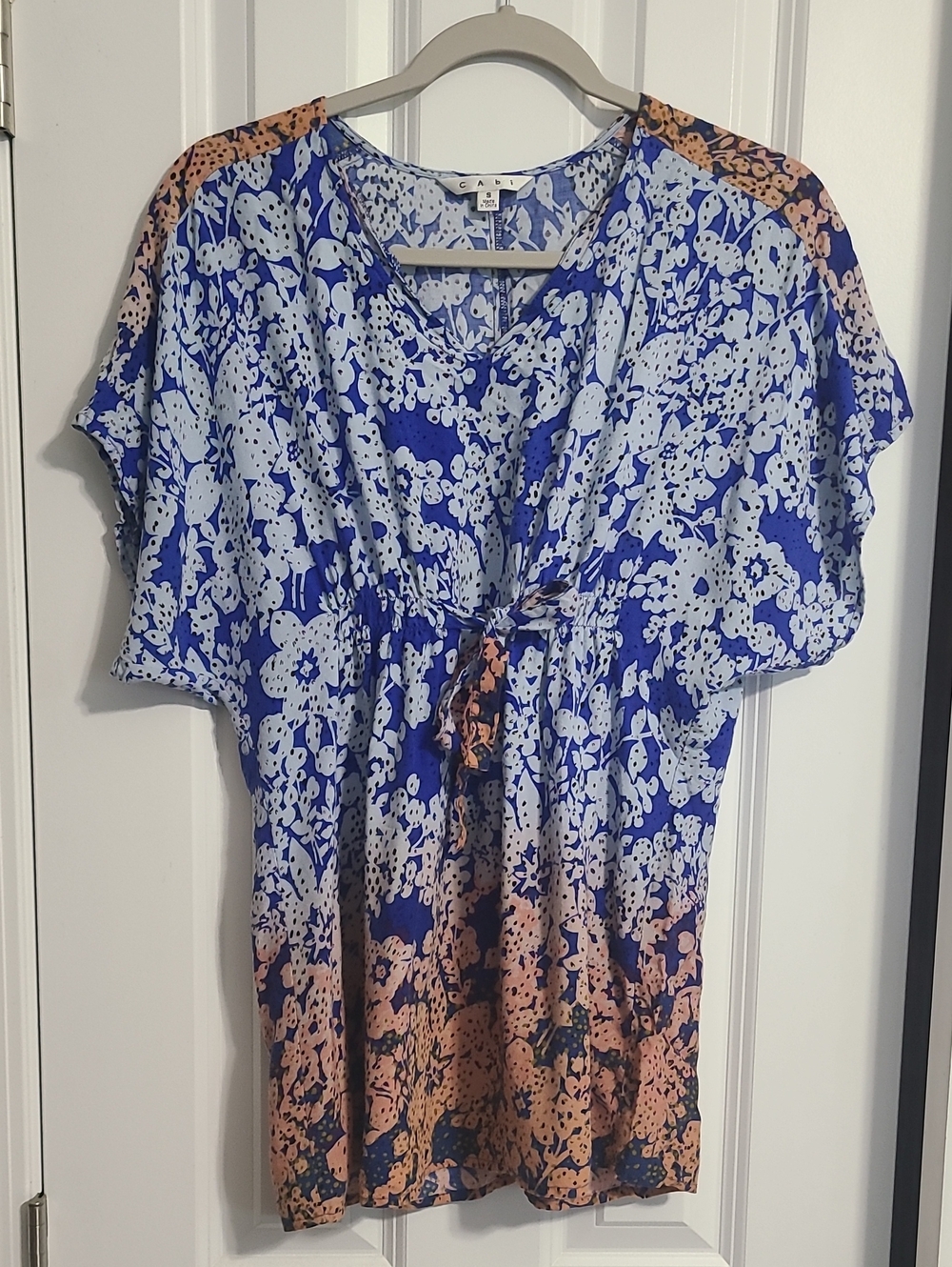 CAbi Blue and Peach Floral Tie-Front Tunic